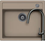 SCHOCK Schock Mono N-100 konyhai mosogatótálca 570 x 510 mm Cristadur Twilight, taupe szürke és szűrőkosár, távműködtető gomb, túlfolyó takaró és Schock Talia konyhai csaptelep kihúzható fejjel Gunmetal (SET