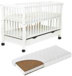 Kidizi Patut din lemn masiv cu sertar, capac si roti 120x60 cm Kidizi Isla alb si saltea cocos LUX 120x60x12 cm, reglabil pe 3 nivele, certificat EN71 (6762+1206012LUX)