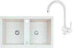 Laveo BARBADOS kétmedencés fehér gránit mosogató szett álló csappal dugókiemelős helytakarékos szifonnal - SRB_620TL (SRB_620TL)