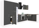 Leziter Yorki 370 Sarok Konyhablokk - Fehér Korpusz, Selyemfényű Antracit Front, Alsó Sütős Elemmel, Polcos Szekrénnyel, Felülfagyasztós Hűtős Szekrénnyel