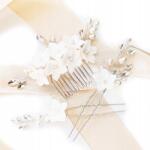 Kokonet Esküvői fésű szett virágokkal, cirkónia kövekkel, hajtűkkel, ezüst színű dísz (Komplet kwiatowych ozdób z kryształkami)