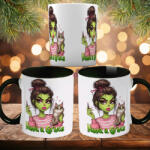 Deconline Crafts Egyedi feliratos karácsonyi bögre "Grincs lány cicával" pufi hatású fekete bögre (DO129213-BLACK-MUG)