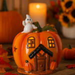 QX-IMP LED világítású kerámia tökház szellemmel - Halloween dekor, 13 cm (136226)