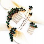 Kokonet Zöld fésű és hajtű szett, arany elegáns díszek esküvőre (Zielony komplet ozdób do włosów)