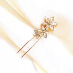 Kokonet Hajtű virágokkal, kontyba való, arany színű, cirkónia kövekkel, Elegáns esküvői (4-0253)