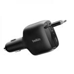 Belkin Autós töltő 1xUSB-A 1xUSB-C + visszahúzható USB-C kábel 75W fekete (CCC001HQBK)