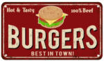 Ezone Vintage Dekor Fémtábla, dombornyomott, 'BURGERS BEST IN TOWN! ' felirat, retro hangulatú kialakítás, 30x20cm