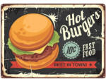 Ezone Vintage Dekor Fémtábla, dombornyomott, 'HOT BURGERS FAST FOOD' felirat, retro hangulatú kialakítás, 30x20cm