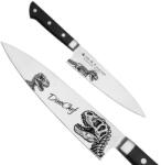 Satake Satoru Gyuto Japán rozsdamentes szakácskés 59 HRC, 21 cm, laminált markolat, Dino Chef lézergravír mintázat (802-789-dino-chef)