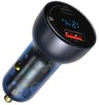 Baseus autós töltő USB+Type-C aljzat (65W, PD gyorstöltő 3.0, LED kijelző) SZÜRKE