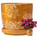 Tragar 12x10 cm-es Kerámia Cserép Virág Aláttéttel, Arany-bronz (SSS)