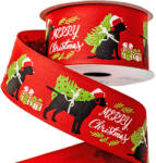 Valex Decor Kutyás karácsonyi szalag "Merry Christmas" felirattal, drótos szegéllyel 38mm x 6.4m - Piros (XB3807-30)
