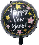 Mezőfi Team Kft Happy New Year, fólia lufi, gömb, fekete, csillagos, 45 cm