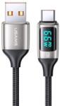 USAMS U78 adatkábel (USB - Type-C, 65W, PD gyorstöltő, 120cm, cipőfűző, LED kijelző) FEKETE/EZÜST