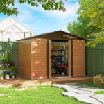 Outsunny acél kerti fészer fahatású kivitelben és dupla tolóajtókkal, 278x195x215 cm, barna