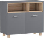 HomCom Fürdőszobabútor Nyitott Polcokkal és 2 Ajtós Szekrényekkel, Tágas Fürdőszobaszekrény Fogantyúkkal, 80x35x70 cm, Szürke