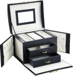  Ékszertartó táska, fiókos, 18 × 13 × 14 cm, fekete, tükörrel és kulccsal zárható hordozható kivitel (HOP1001273-1)
