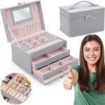 Massido Ékszerdoboz, Massido MS-700, 18, 6 × 14, 8 × 11 cm, szürke, PU műbőr, kulccsal zárható, tükörrel, fiókokkal és rekeszekkel, fogantyúval (TE670000)