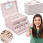 Massido Ékszerdoboz, Massido MS-700, 18, 6 × 14, 8 × 11 cm, rózsaszín, PU műbőr, kulccsal zárható, tükörrel, fiókokkal és rekeszekkel, fogantyúval (TE670002)