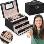 Massido Ékszerdoboz, Massido MS-700, 18, 6 × 14, 8 × 11 cm, fekete, PU műbőr, kulccsal zárható, tükörrel, fiókokkal és rekeszekkel, fogantyúval (TE670001)