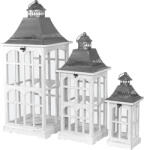 ART-POL Grandiózus 3db-os koptatott üvegezett fehér fa mécsestartó lámpás lantern szett fém tetővel 80x32x32 / 63x24x24 / 44x16x16cm (76636)