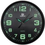 Merion falióra, quartz, fekete színű műanyag tok, (foszforeszkáló), fekete színű számlap zöld számokkal, sweep szerkezet (6716-1)