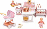 Smoby Set căsuță pentru păpușă cu trei părți și cărucior adânc Large Doll´s Play Center Soft Baby Nurse Smoby și păpușă de 32 cm în șalopetă cu ochișori adormiți (SM220394-6) Papusa