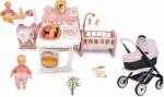Smoby Set căsuță pentru păpușă cu trei părți și cărucior combinație triplă Large Doll´s Play Center Soft Baby Nurse Smoby adânc sport și pătuț portabul cu păpușă de 32 cm în șalopetă (SM220394-3) Papusa