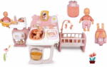Smoby Set căsuță cu trei părți și păpușă de 32 cm în șalopetă Large Doll´s Play Center Soft Baby Nurse Smoby și sac de dormit cu marsupiu (SM220394-5) Papusa