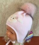  Vastag téli bojtos kötött sapka bébiplüss béléssel, megkötővel - Rózsaszín bárány (42-44 cm)