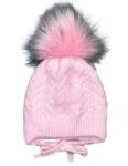  Vastag téli bojtos kötött sapka plüss béléssel, megkötővel - Rózsaszín gyöngyös (40-42 cm)