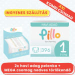 Pillo 1, 2-5 kg - 396 db pelenka + 12x72 db törlőkendő - 2 havi Kombi csomag