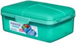 Sistema Lunch Quaddie 1, 5 l-es osztott uzsonnásdoboz 3 zsanéros rekesszel a fedélben és egy kulacs, menta színű