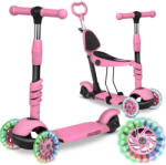 RicoKids Háromkerekű roller, Ricokids Todi, rózsaszín, 3 az 1-ben, LED világítás a kerekekben, állítható magasságú kormány és ülés, balanszos irányítás, EN 71, max. 30 kg teherbírás, levehető üléssel és tolórú