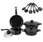 Razo Set premium mini de oale si ustensile de bucătărie pentru gătit , 13 piese , Material antiaderente , Sticla termorezistentă, Ideale pentru Camping si Bucataria Zilnica, Negru (RZ-060)