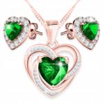 Larezo Aranyozott Nyaklánc és Fülbevaló Szett Zöld Szív Strassz Ezüst 925 (komplet biżuterii srebrnej z zielona cyrkonia)