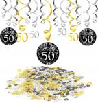 Amazon Dekoráció Szett 50. Születésnapra, Spirális Függő Díszek, Fekete, Arany, Ezüst Konfetti