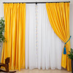Hiko Set 4 piese Hiko pentru copii, doua draperii COMFY catifea galbena si perdele Ana voal alb cu pom pom, cu rejansa (10005230)
