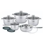 Rosberg R51210L12BM edény- és serpenyőkészlet, 12 darabos, többrétegű aljú, rozsdamentes acél, ezüst (R51210L12BM)