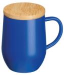  Termosz bögre 300ml rozsdamentes acél, fogantyúval, bambusz fedéllel, kék, 8x12, 2 cm