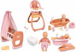 Smoby Set păpușa în șalopetă în leagăn Doll Baby Nurse Smoby cu scutece și cădiță cu duș funcționl și scaun de masă (SM220105-3) Papusa