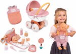 Smoby Set păpușa în șalopetă la plimbare în cărucior adânc Doll Baby Nurse Smoby și geantă de înfășat cu biberon și marsupiu cu sac de dormit (SM220105-9) Papusa