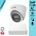 Hikvision 1 turret kamerás analóg megfigyelőrendszer 2MP biztonsági kamera, IR megvilágítás 40 m, fehér fény 20 m, beépített mikrofon, kültéri (DS7104HGHIM1T-DS2CE78D0TLFS28MM-TURRET-1)