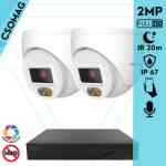 Techson 2 turret kamerás IP megfigyelőrendszer 2MP turret biztonsági kamera, 2.8 mm-es fix objektív, PoE, beépített mikrofonnal, hibrid világítással 20m-ig, kültéri (TCRI12S04PNS-TCIEL2E002WIA28P-TURRET-2)