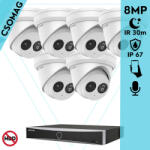 Hikvision 6 turret kamerás IP megfigyelőrendszer 8MP turret biztonsági kamera, 2.8 mm-es fix objektívvel, PoE, IR LED 30m, beépített mikrofonnal, fém ház, kültéri (DS7608NXIK18PD-DS2CD2383G2IU28-TURRET-6)