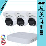 Dahua 3 turret kamerás IP megfigyelőrendszer 4MP turret biztonsági kamera, 2.8 mm-es fix objektívvel, PoE, beépített mikrofonnal, hibrid megvilágítással, fém ház, kültéri (NVR2104PS3-IPCHDW2449TMSIL0280B-TU