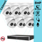 Hikvision 7 turret kamerás IP megfigyelőrendszer 8MP turret biztonsági kamera, 2.8 mm-es fix objektívvel, PoE, IR LED 30m, beépített mikrofonnal, fém ház, kültéri (DS7608NXIK18PD-DS2CD2383G2IU28-TURRET-7)