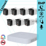 Dahua 7 cső kamerás IP megfigyelőrendszer 8MP cső biztonsági kamera, 2.8 mm-es fix objektívvel, PoE, beépített mikrofonnal, hibrid megvilágítással, fém ház, kültéri (NVR21088PS3-IPCHFW1839TCPAIL0280BS6-KOMP