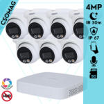 Dahua 7 turret kamerás IP megfigyelőrendszer 4MP turret biztonsági kamera, 2.8 mm-es fix objektívvel, PoE, beépített mikrofonnal, hibrid megvilágítással, fém ház, kültéri (NVR21088PS3-IPCHDW2449TMSIL0280B-T