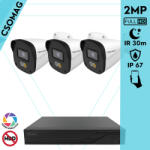 Techson 3 cső kamerás IP megfigyelőrendszer 2MP HD cső biztonsági kamera, 2.8 mm-es fix objektívvel, PoE, beépített mikrofonnal, hibrid fényű megvilágítás, kültéri, fém ház (TCRI12S04PNS-TCIEL2C902WIA28-KOMPA